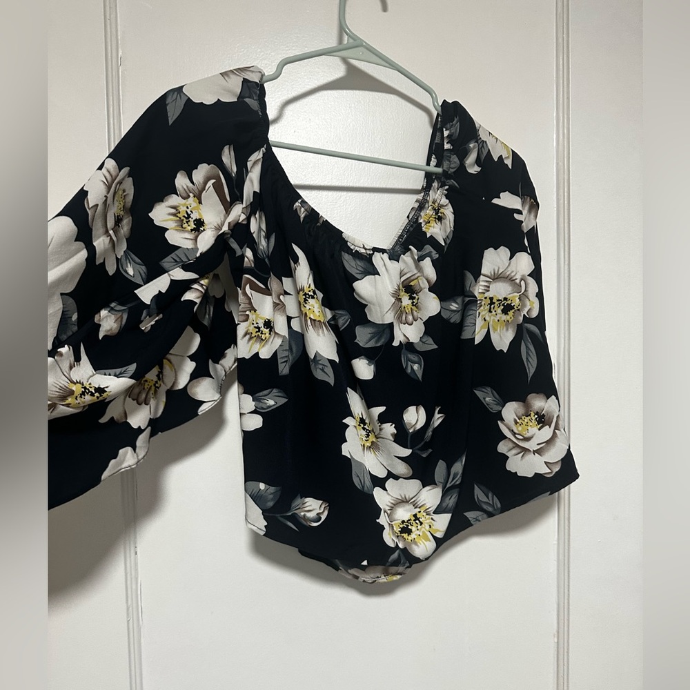Floral Dark Navy and White Blouse